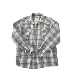 Levis Plaid Snap Button Western Shirt Blue Tan White Long Sleeve Mens L‎ Regular